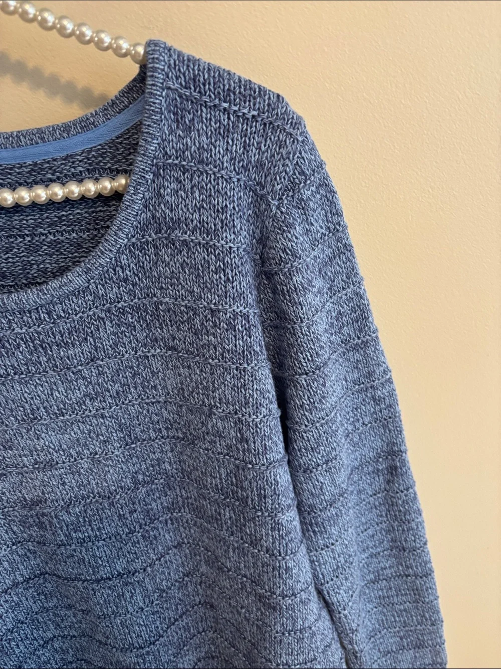 LL Bean Sweater Womens XL Petite Blue Marled 100% Cotton Scoop Neck Pullover